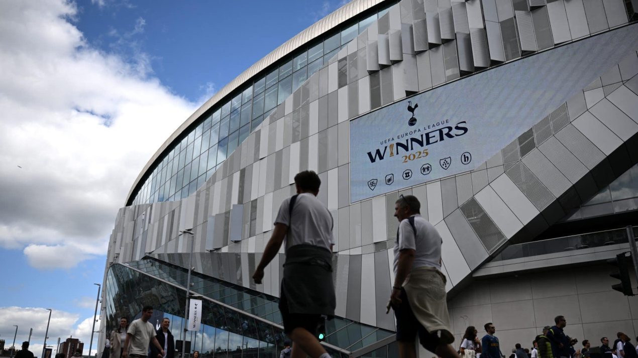Tottenham Hotspur FC v Brighton & Hove Albion FC – Premier League LONDON, ENGLAND - MAY 25: A general view of branding which reads "UEFA Europa League, Winners, 2025" outside of the stadium prior to the Premier League match between Tottenham Hotspur FC and Brighton & Hove Albion FC at Tottenham Hotspur Stadium on May 25, 2025 in London, England. (Photo by Justin Setterfield/Getty Images)